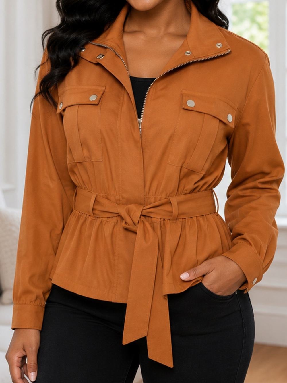 Nine West Women's Belted Utility Jacket in Rust Orange/Beige